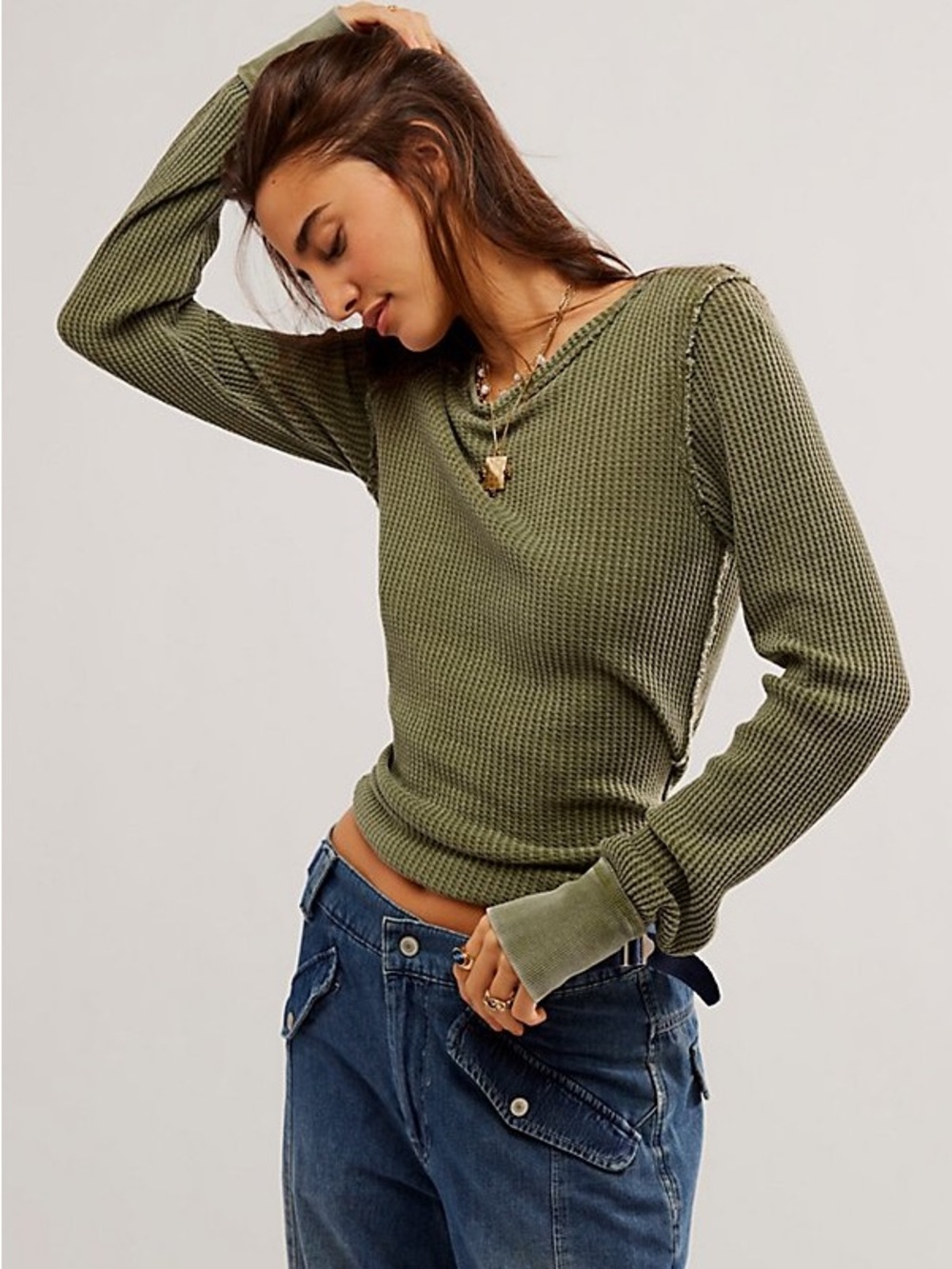 We The Free Olive Green Waffle-Knit Scoop Neck Sweater